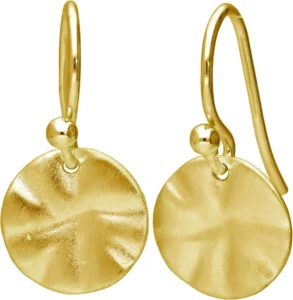 Gold Plated Sterling Silver Hammered Disc Drop Earrings for Women