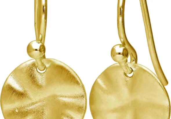 Gold Plated Sterling Silver Hammered Disc Drop Earrings for Women