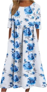 Women's Floral Maxi Dress with Pockets: Short Sleeve Boho Summer Dress for Beach & Daily Wear