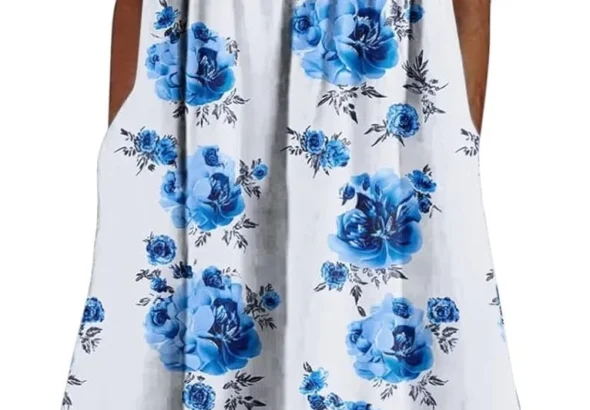 Women's Floral Maxi Dress with Pockets: Short Sleeve Boho Summer Dress for Beach & Daily Wear