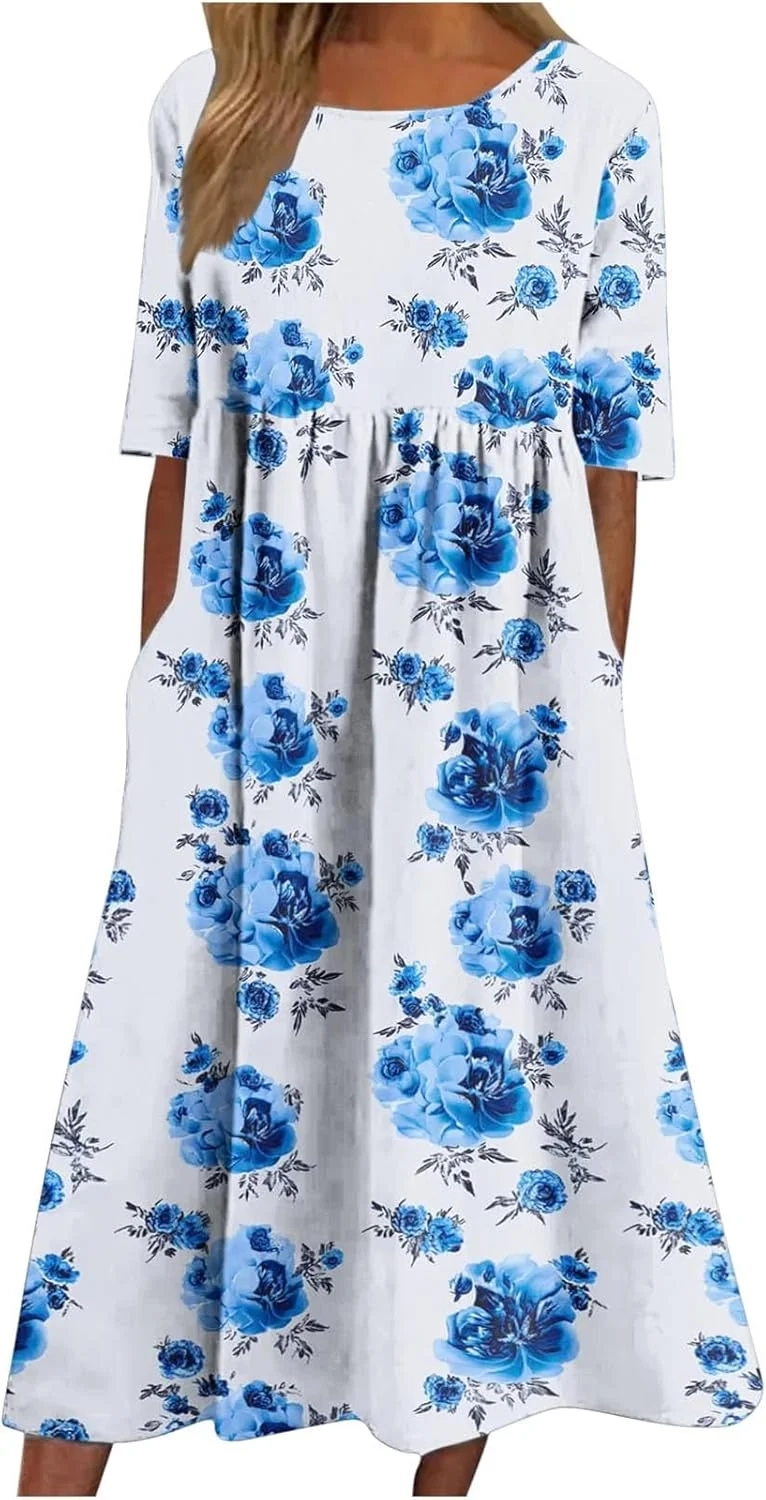 Women's Floral Maxi Dress with Pockets: Short Sleeve Boho Summer Dress for Beach & Daily Wear
