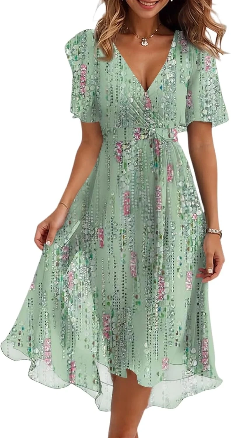 Women's Floral Print Chiffon Midi Dress: V-Neck Tie Waist A