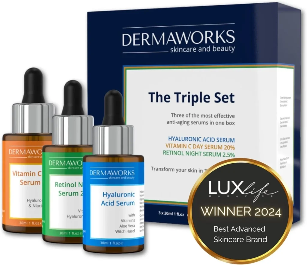 DERMAWORKS Anti Aging Face Serum Set - Vitamin C, Retinol and Hyaluronic Acid Serums for Women & Men
