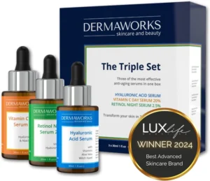 DERMAWORKS Anti Aging Face Serum Set - Vitamin C, Retinol and Hyaluronic Acid Serums for Women & Men