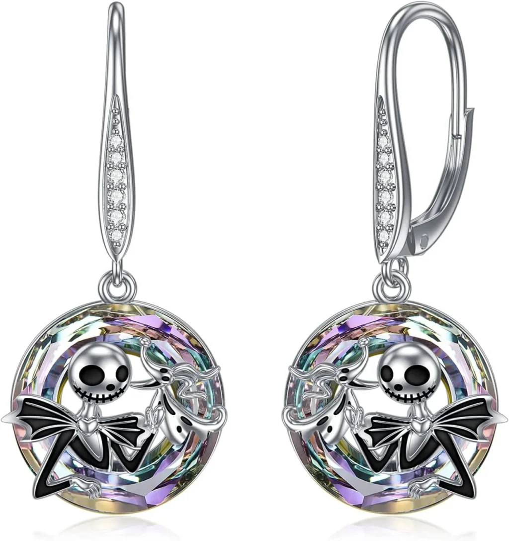 Jack Skellington Earrings Sterling Silver: Jack and Sally Drop Earrings with Crystals, Nightmare Before Christmas Jewelry for Women