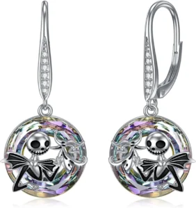 Jack Skellington Earrings Sterling Silver: Jack and Sally Drop Earrings with Crystals, Nightmare Before Christmas Jewelry for Women