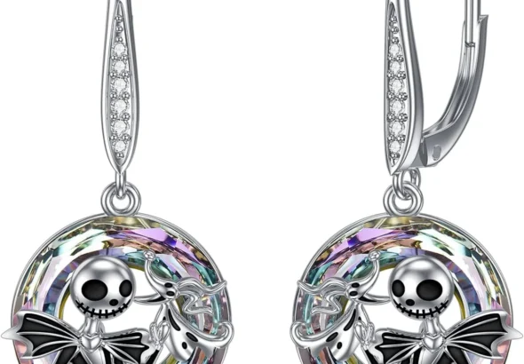 Jack Skellington Earrings Sterling Silver: Jack and Sally Drop Earrings with Crystals, Nightmare Before Christmas Jewelry for Women
