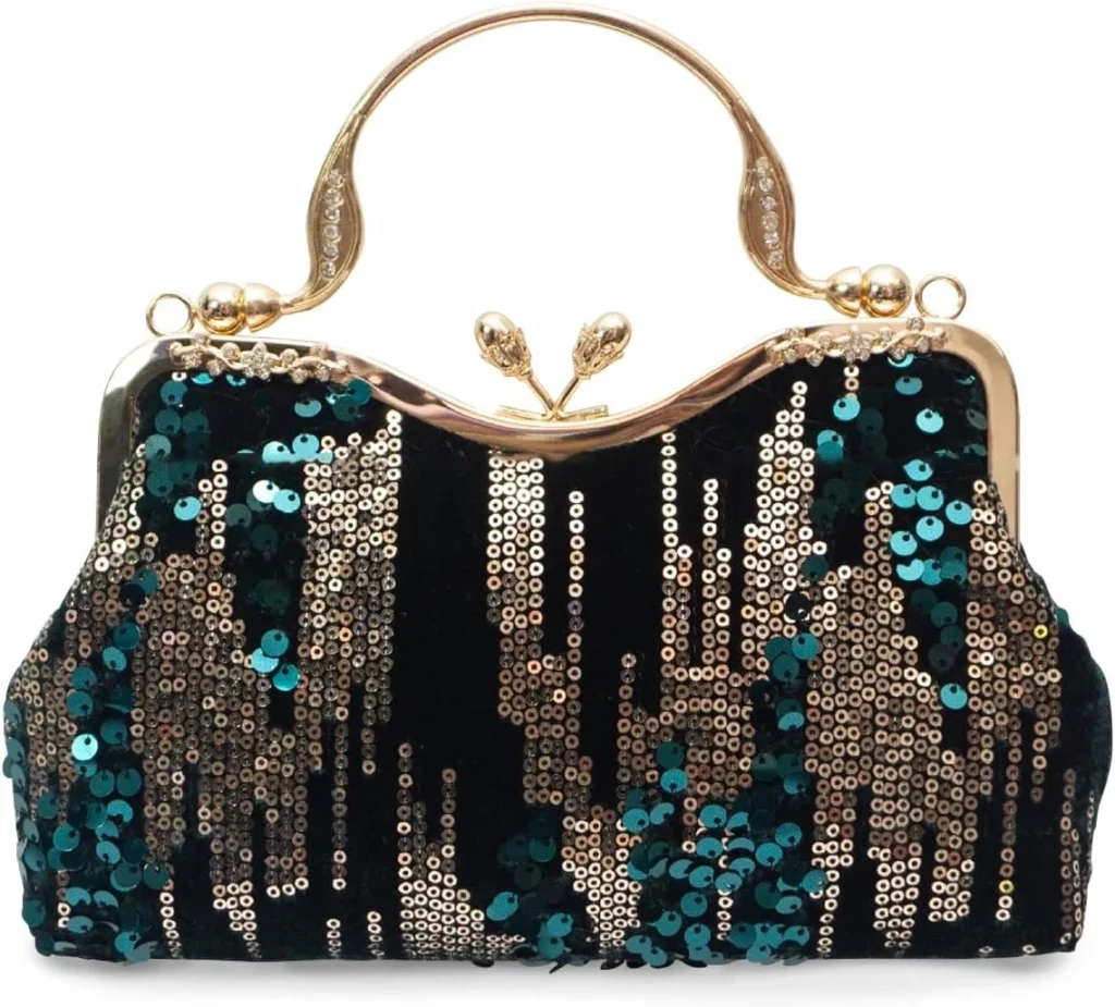 Vintage 1920s Style Evening Clutch Bag for Women, Dark Green Velvet & Sparkly Sequin Handbag with Rhinestones for Wedding, Prom, or Cocktail Party