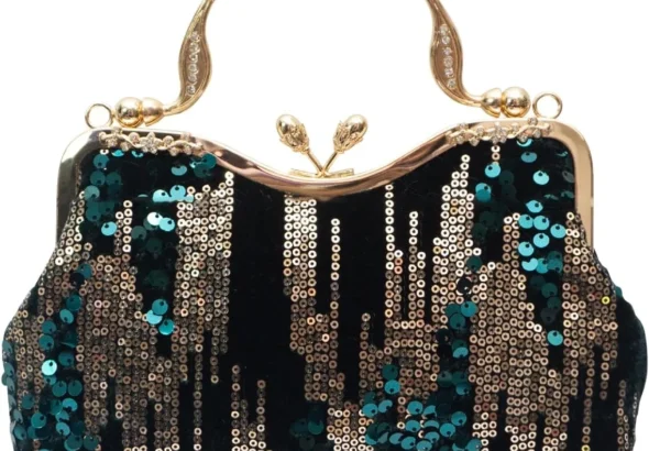 Vintage 1920s Style Evening Clutch Bag for Women, Dark Green Velvet & Sparkly Sequin Handbag with Rhinestones for Wedding, Prom, or Cocktail Party
