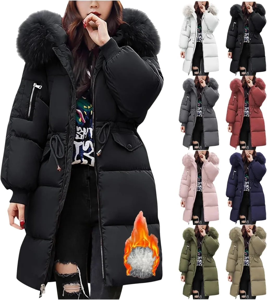 Women's Quilted Down Puffer Coat with Fur Hood