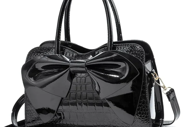 NICOLE & DORIS Designer Handbag for Women: Patent Leather Top Handle Tote with Crossbody Strap & Elegant Bow Clutch for Parties