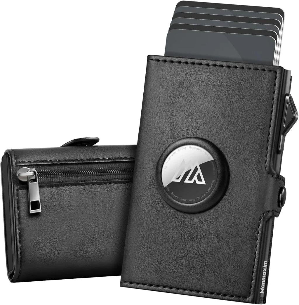 RFID Blocking Wallet for Men with AirTag Holder: Slim Leather Card Holder for 10 Cards, Cash & Coins