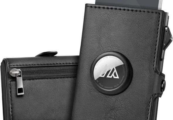 RFID Blocking Wallet for Men with AirTag Holder: Slim Leather Card Holder for 10 Cards, Cash & Coins