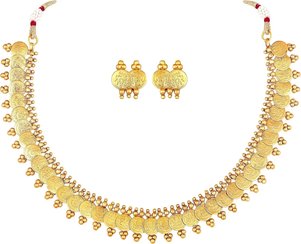 Gold Tone Goddess Coin Long Necklace Set for Women | South Indian Traditional Wedding Jewelry