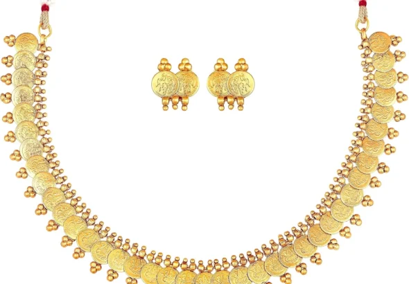 Gold Tone Goddess Coin Long Necklace Set for Women | South Indian Traditional Wedding Jewelry