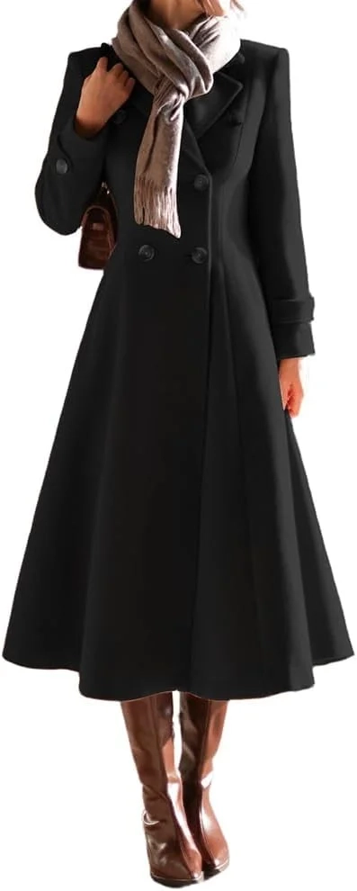 Mywinway Long Wool Coats for Women Fall Winter Double Breasted Peacoat Jackets Maxi Trendy Trench Coat