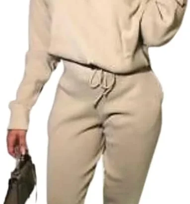 Ladies Knitted Off the Shoulder Top and Bottoms Loungewear Tracksuit Set Womens Cuffed 2 Piece Co-Ord Suit Set UK Size 8 To 14