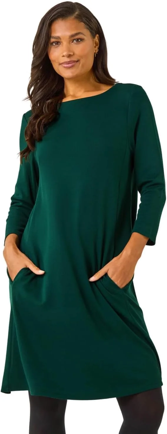 Women's Tunic Dress with Pockets Stretch Fit & Flare 3/4 Sleeve