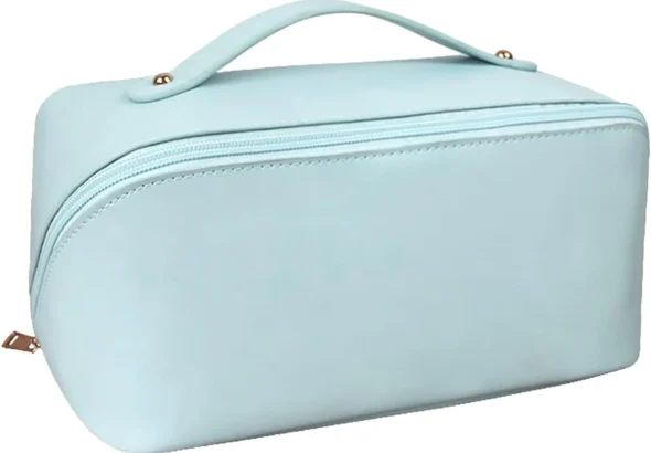 Large Capacity Travel Cosmetic Bag Make Up Bag with Handle and Zipper Multifunction Waterproof Toiletry Bag PU Travel Organiser Bag Wash Bag for Women Ladies Girls Blue