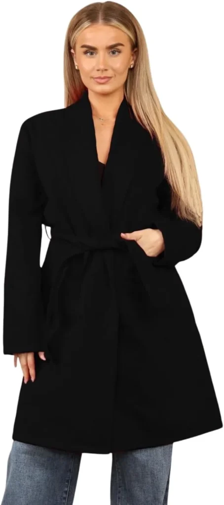 Womens Italian Belted Coat Long Sleeves Open Front Tie Up Trench Coat Ladies Casual Jacket with Two Front Pockets Winter Wear