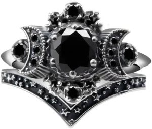 Triple Moon Ring Set with Black Purple Crystal