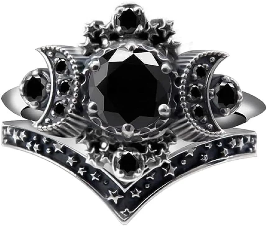 Triple Moon Ring Set with Black Purple Crystal