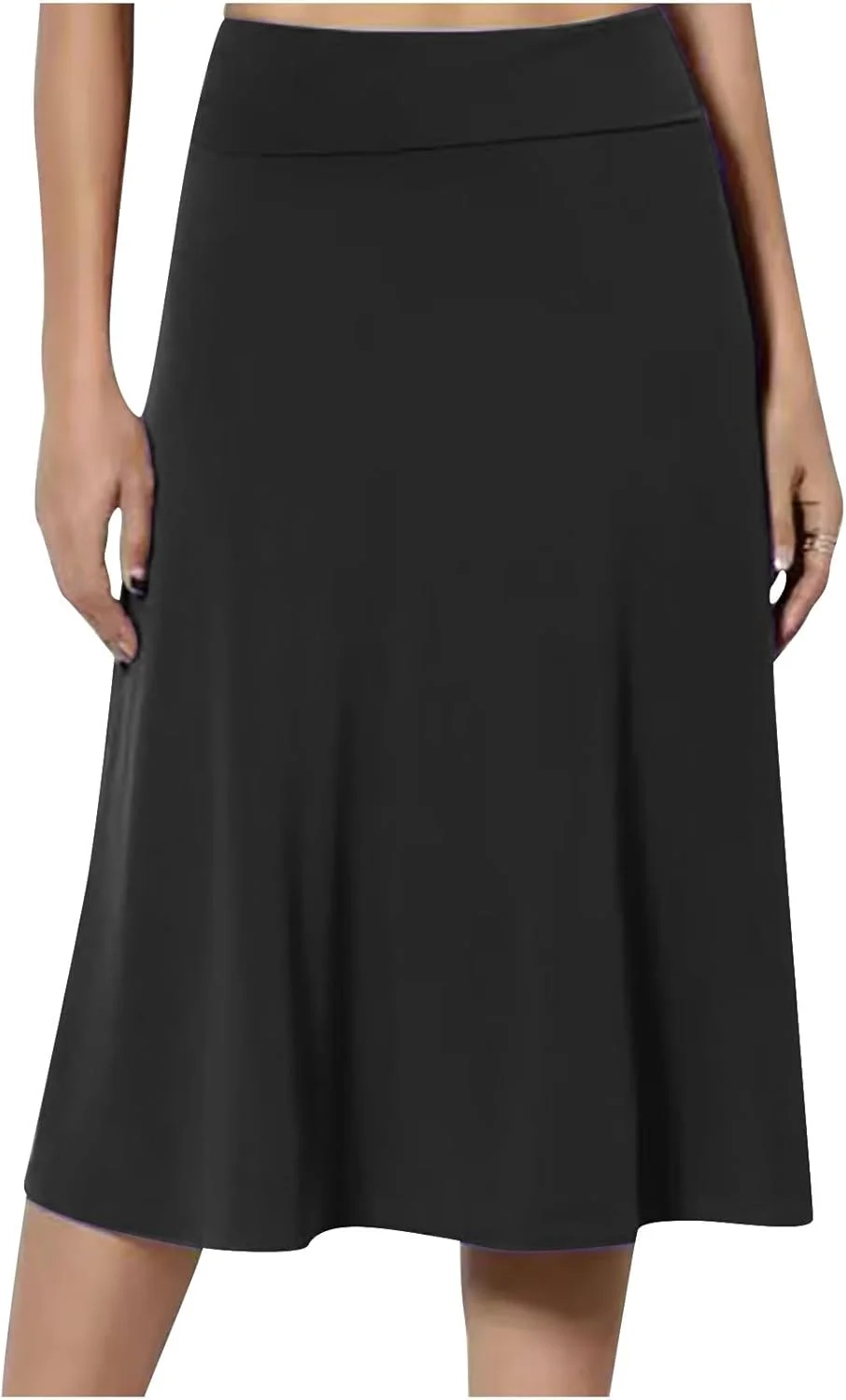 Midi Skirts for Women UK Elasticated Waist Skirts Ladies Pleated A Line Knee Length Jersey Pencil Skirt Casual Summer Swing for Office Work Holiday Skirt