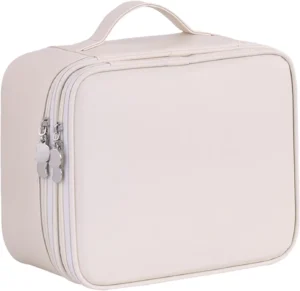 Travel Makeup Bag, Large Capacity Cosmetic Organizer Women, Portable Double Layer Case with Divider and Handle, Toiletry Pouch for Brushes, Traveling, Birthday Gift, White., Se rfrer au descriptif