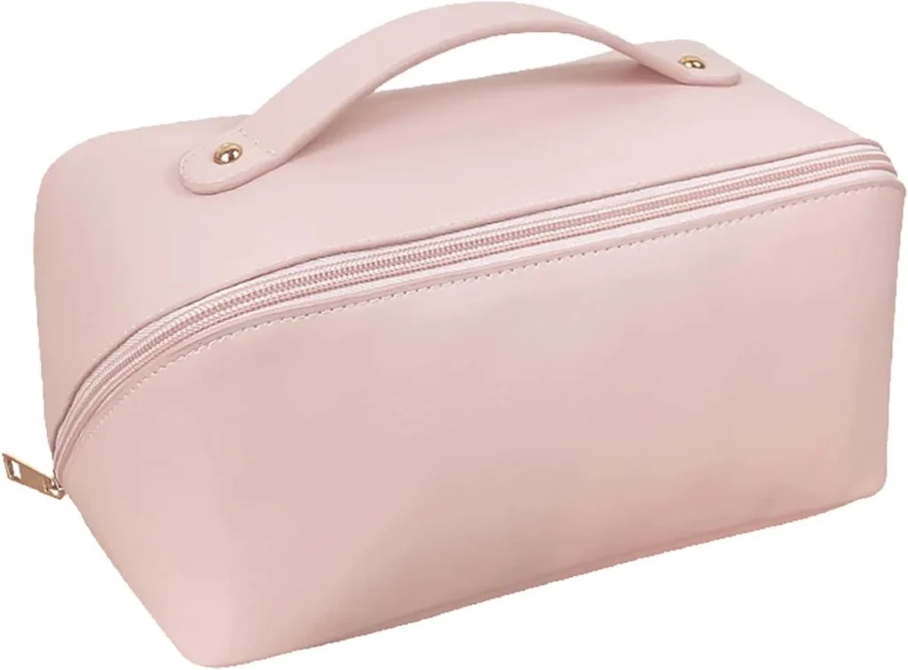 Large Capacity Travel Cosmetic Bag Make Up Bag with Handle and Zipper Multifunction Waterproof Toiletry Bag PU Travel Organiser Bag Wash Bag for Women Ladies Girls Pink
