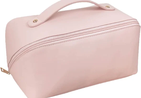 Large Capacity Travel Cosmetic Bag Make Up Bag with Handle and Zipper Multifunction Waterproof Toiletry Bag PU Travel Organiser Bag Wash Bag for Women Ladies Girls Pink