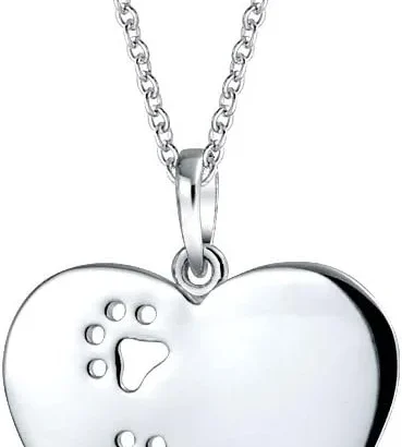 Bling Jewelry Personalized Engrave Pet Kitten Puppy Cat Dog Paw Print Heart Shape Pendant Necklace for Women Teen .925 Sterling Silver