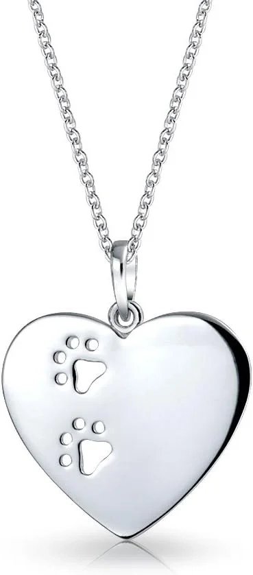Bling Jewelry Personalized Engrave Pet Kitten Puppy Cat Dog Paw Print Heart Shape Pendant Necklace for Women Teen .925 Sterling Silver