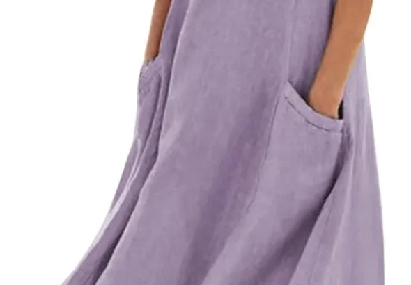 Boho Dresses for Women UK Vintage Cotton Summer Dresses Plain Jersey Swing Maxi Dress Casual Long Sleeve Midi Dress Elegant Beach Linen A-Line Spring with Pockets