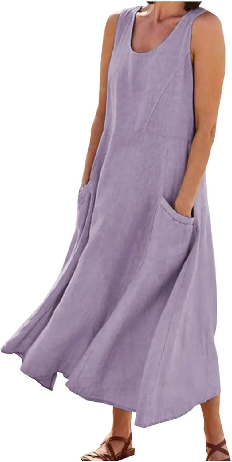 Boho Dresses for Women UK Vintage Cotton Summer Dresses Plain Jersey Swing Maxi Dress Casual Long Sleeve Midi Dress Elegant Beach Linen A-Line Spring with Pockets