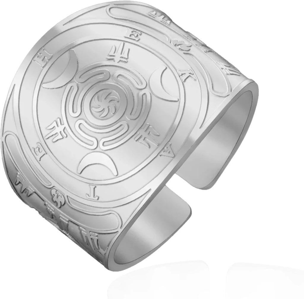 VASSAGO Wheel of Hecate Ring Stainless Steel Strophalos Triple Moon Goddess Ring Adjustable Open Band Pagan Wicca Amulet Jewelry for Women Men