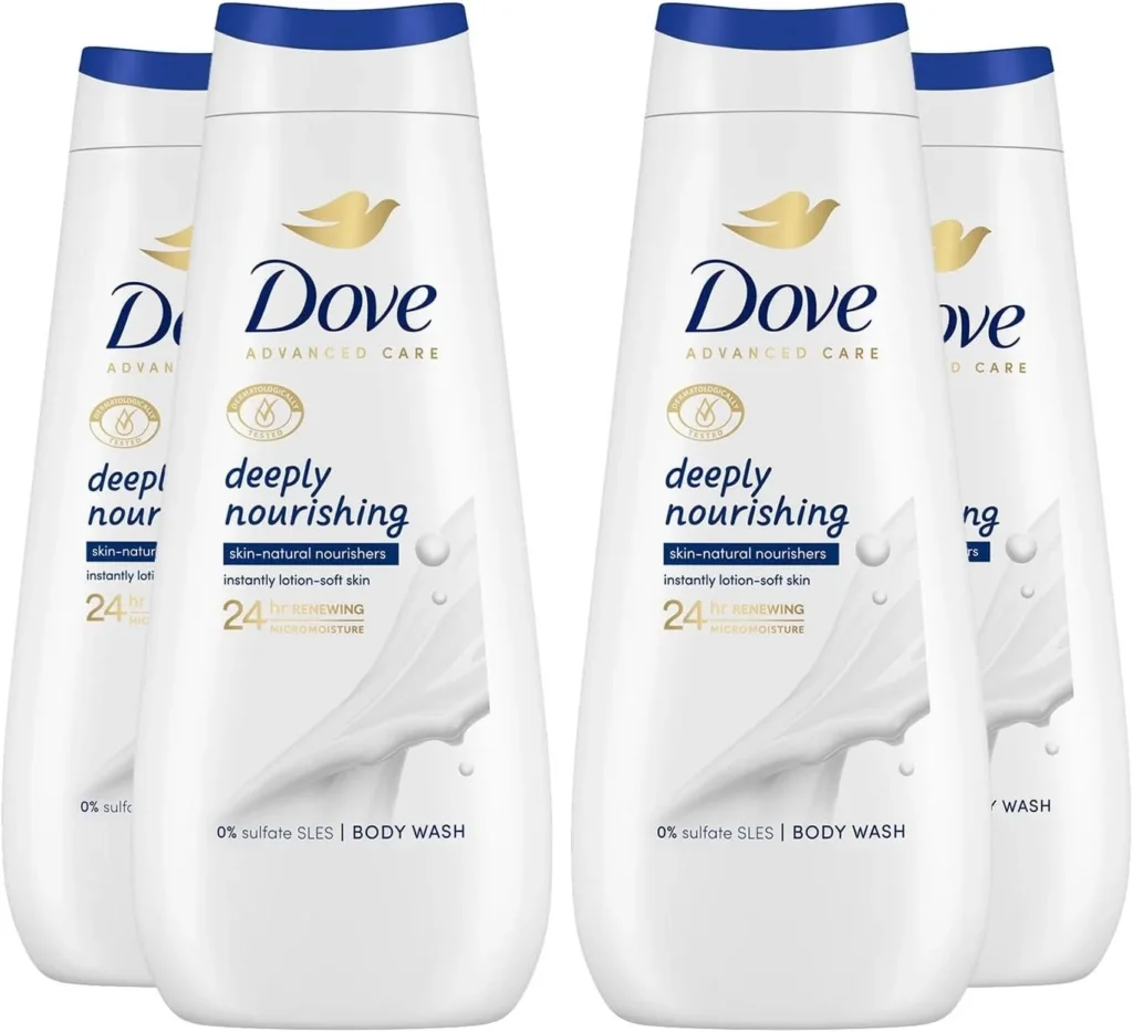 Dove Advanced Care Sulphate Free Body Wash for Women Made with Skin-Natural Nourishers and Micromoisture Provides 24 Hours Renewing Lotion-Soft Softer Skin, 400ml Pack of 4