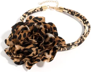 Leopard Print Big Rose Flower Layered Statement Choker Necklace Fabric Floral PU Leather Chain Adjustable Necklaces Boho Party Accessories Jewelry for Women