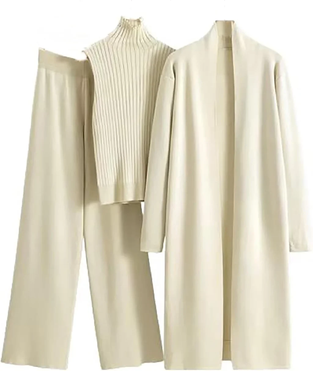 Loungewear Sets for Women 3 Pieces Casual Knit Co Ord Sets Long Cardigans Sleeveless Jumpers Wide Leg Pants Tracksuits Autumn Warm Outfits