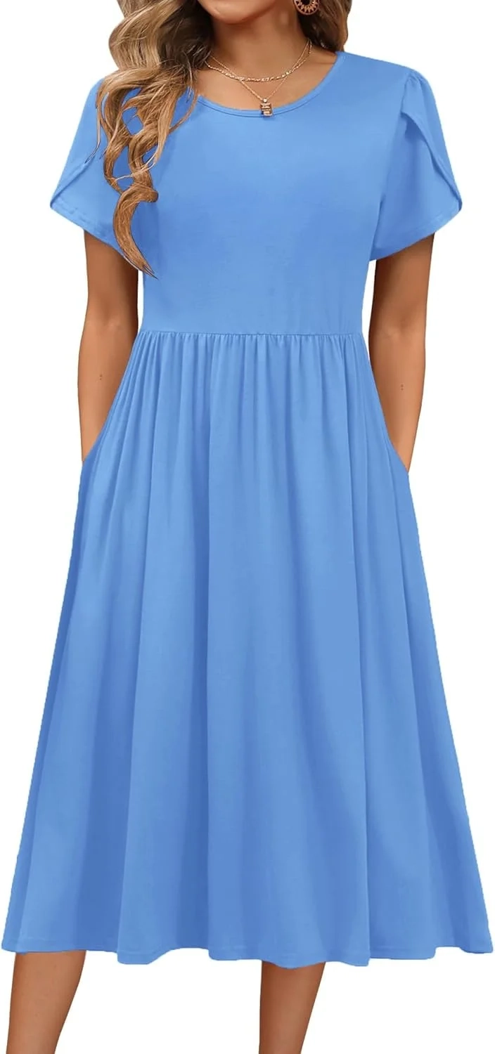 HOTOUCH Women Dresses Elegant Summer Midi Dress Short Sleeve Round Neck Tunic Dress Casual A Line Dresses with Pockets S-XXL