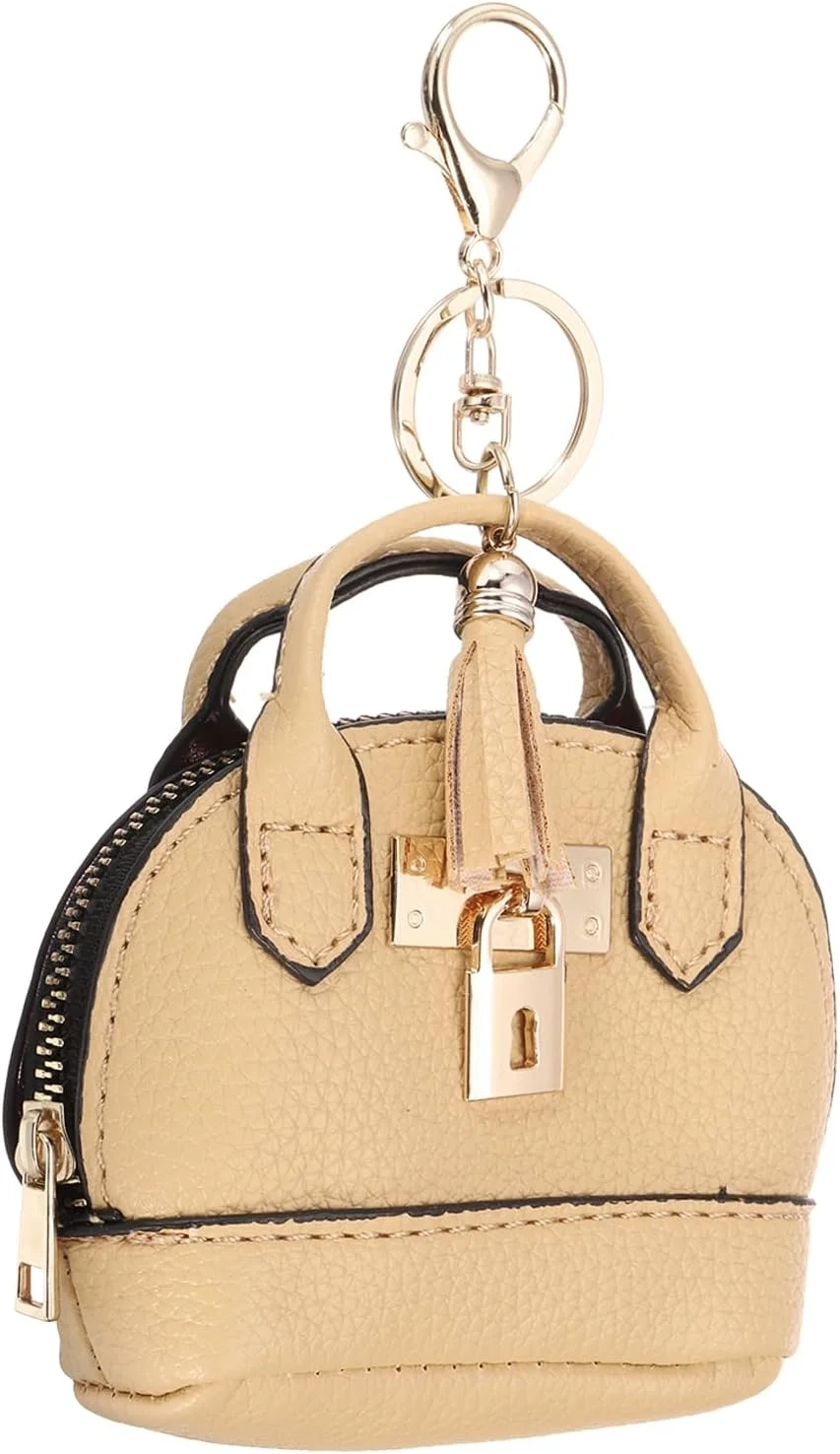 PATIKIL Mini Tote Bag Keychain, Cute Coin Purse Keychain PU Leather Backpack Purse Key Chain Little Cosmetic Bag Keychains for Women Makeup Card Data Cable, Earthy Yellow