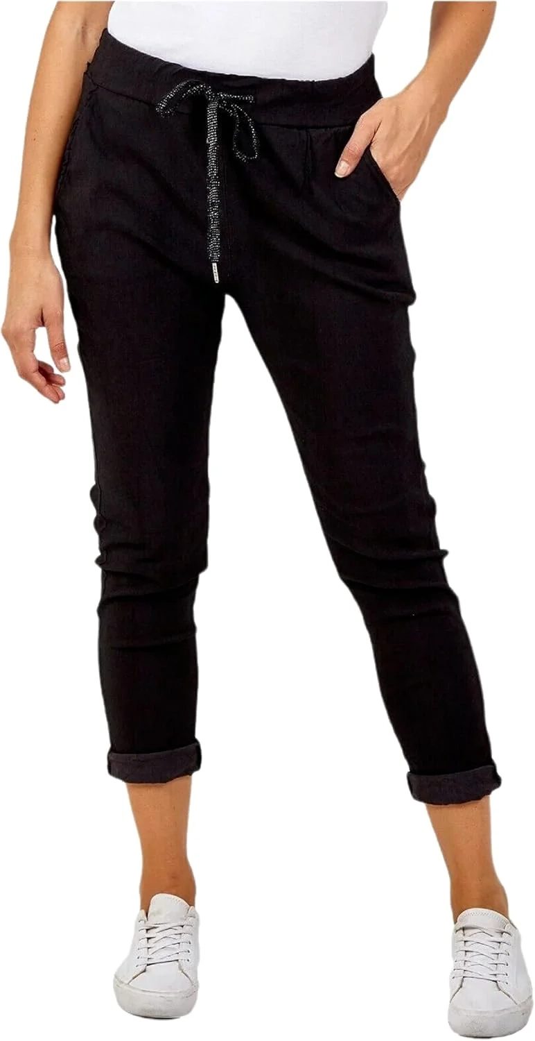 Ladies Stretch Magic Italian Trousers Womens Crushed Casual Leggings Look Joggers Pants One Size UK 8-22