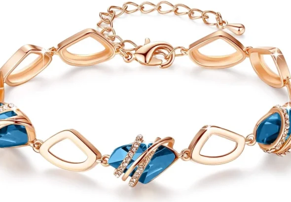 Leafael Valentine's Day Gift Bracelet for Women, Wishstone Birthstone Crystal Link Charm Bracelet with Healing Crystals, Allergy-Free Jewellery with Gift Box, Silver-Tone or Rose Gold