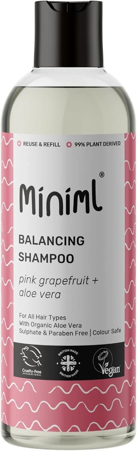 Miniml Natural Hair Shampoo Eco Friendly  500ml Pink Grapefruit & Aloe Vera Men and Womens Sensitive Scalp & Skin Cruelty Free Vegan Shampoo - For Greasy, Curly, Dry and Dandruff Hair