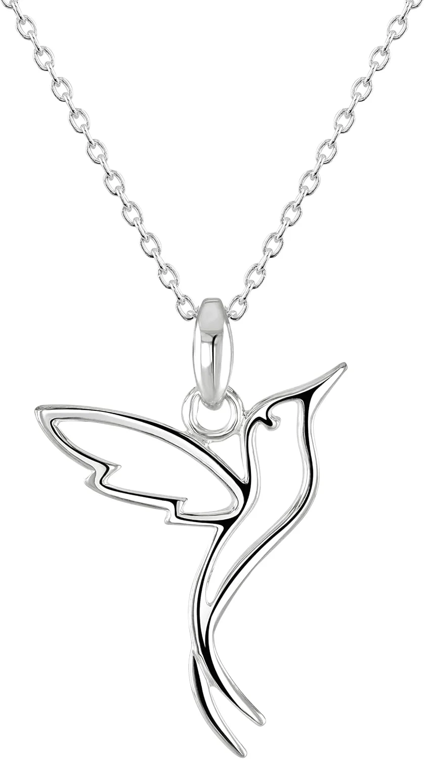 Dew Humming Bird Pendant 18" Necklace  Sterling Silver, Cute and Fun Animal Outline Pendant