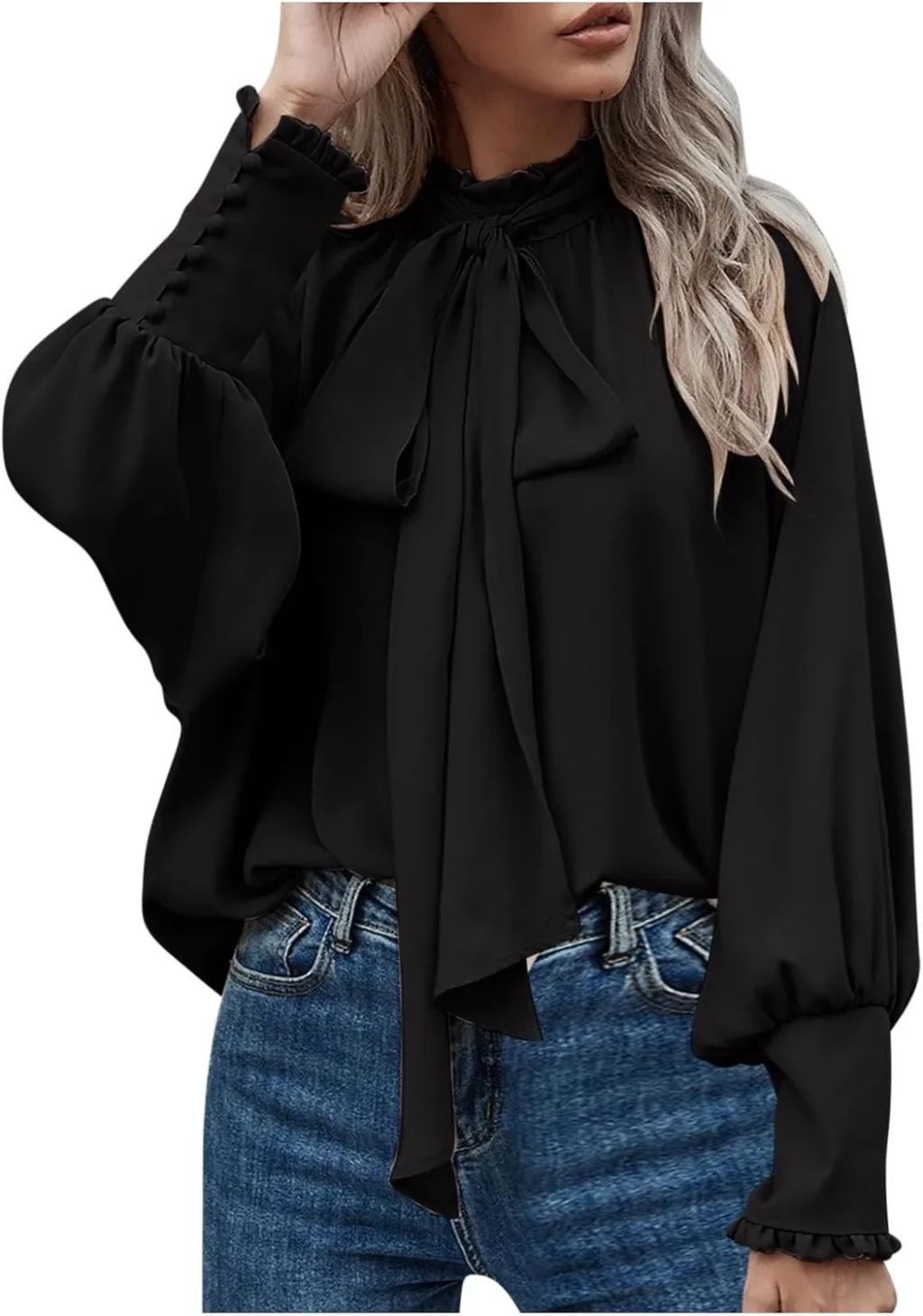 Women Dressy Pullover Elegant Bow Tie Knot Mock Neck Top Ruffle Frill Lantern Sleeve Chiffon Shirts Ladies Office Work Longline Blouse Casual Loose-Fit Cuff Long Sleeve Tops