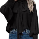 Women Dressy Pullover Elegant Bow Tie Knot Mock Neck Top Ruffle Frill Lantern Sleeve Chiffon Shirts Ladies Office Work Longline Blouse Casual Loose-Fit Cuff Long Sleeve Tops