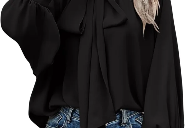 Women Dressy Pullover Elegant Bow Tie Knot Mock Neck Top Ruffle Frill Lantern Sleeve Chiffon Shirts Ladies Office Work Longline Blouse Casual Loose-Fit Cuff Long Sleeve Tops