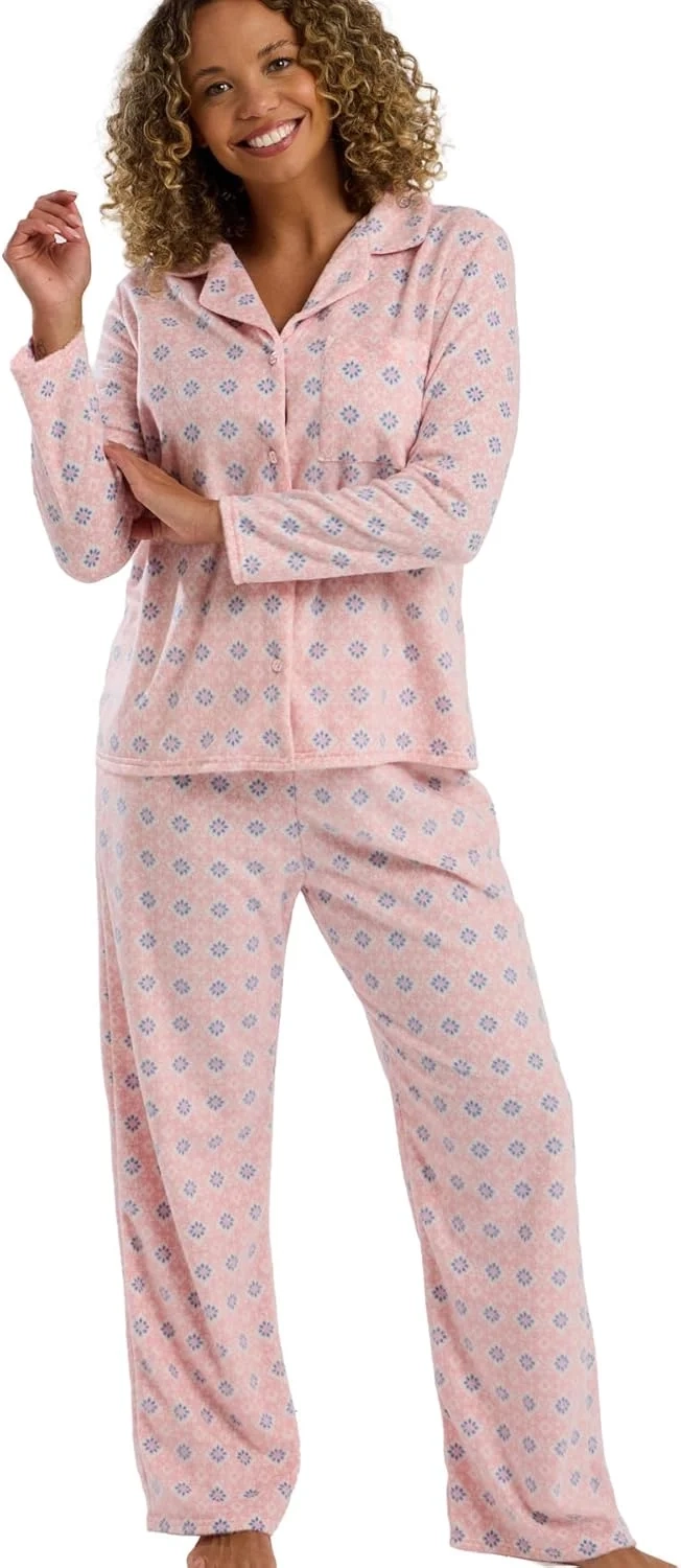 Indigo Sky Womens Tia Soft Fleece Revere Collar Button Front Pyjama Set - Warm Printed Fleece Loungewear Set with Classic Pyjama Top & Cosy Full Length Pants