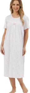 Marlon Womens Maria Nightie  Soft Knitted Jersey Nightdress With Short Sleeves & Button Placket  Pure Cotton or Comfy Easy Care Fabric