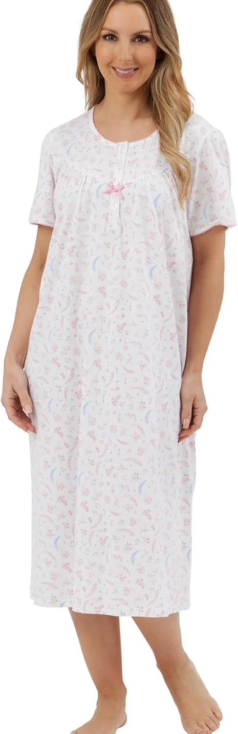 Marlon Womens Maria Nightie  Soft Knitted Jersey Nightdress With Short Sleeves & Button Placket  Pure Cotton or Comfy Easy Care Fabric